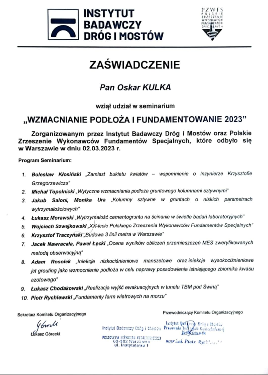 Certyfikat specjalisty w dziedzinie geologii